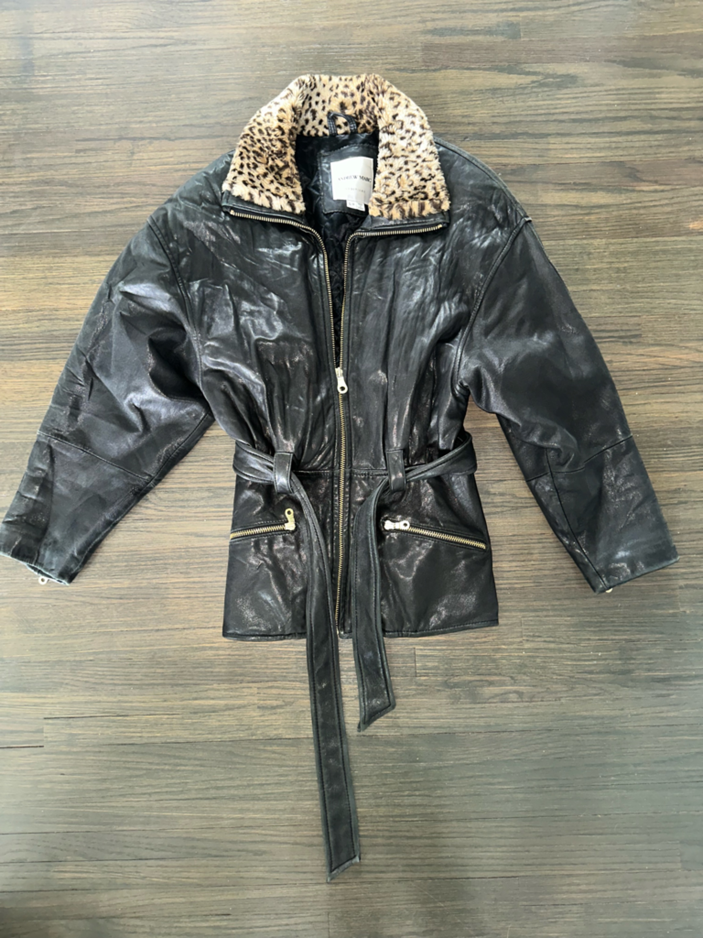 Vintage Y2k Andrew Marc Black Leather Belted Jacket Size Small Faux Fur Neckline